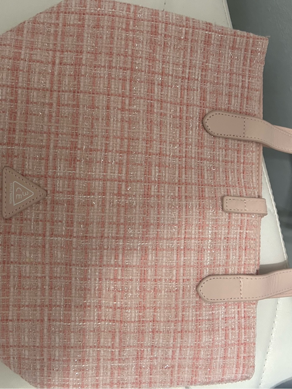 Pink Tweed Tote Bag with Leather Trim